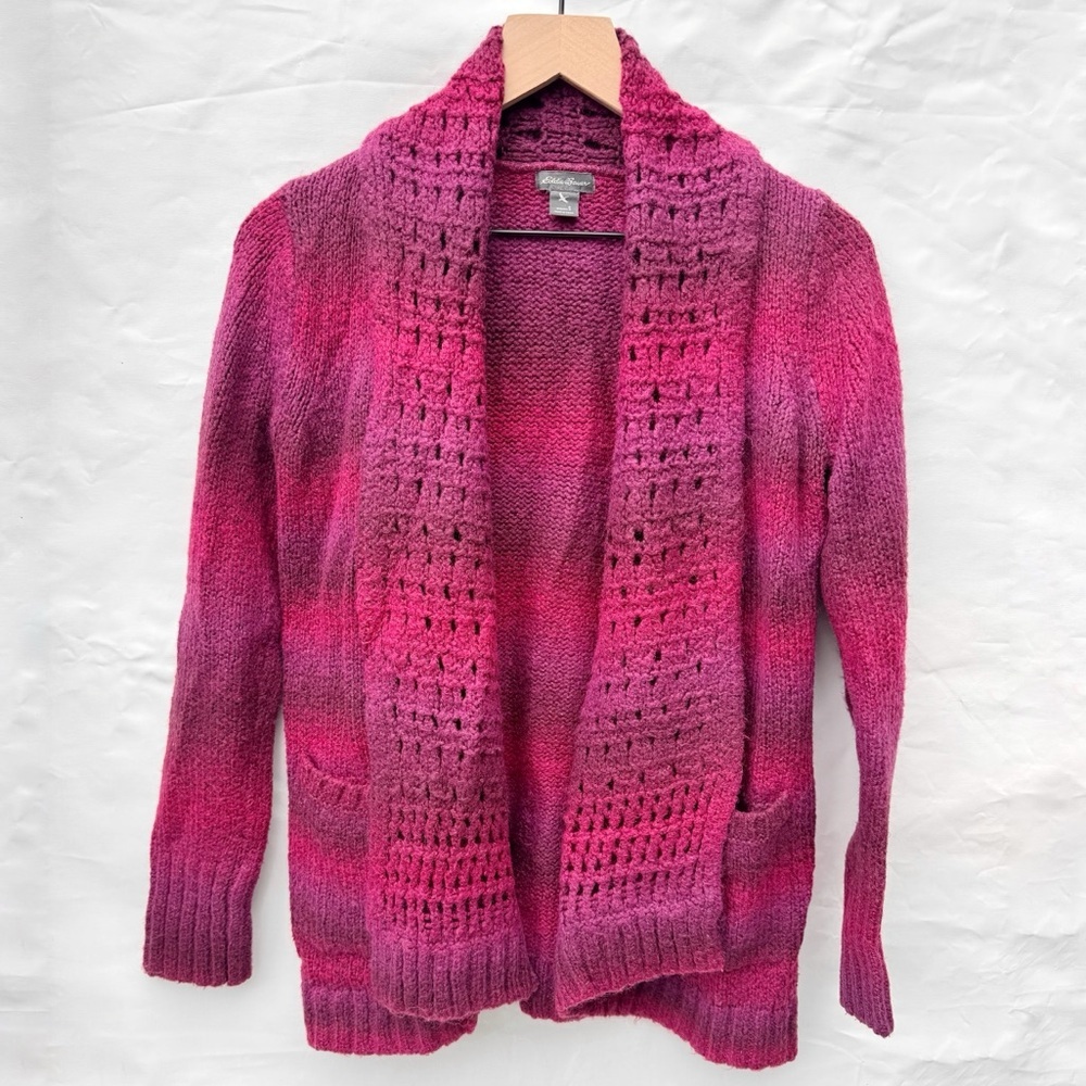 Eddie Bauer // pink, purple ombré dyed sweater cardigan size small aug1